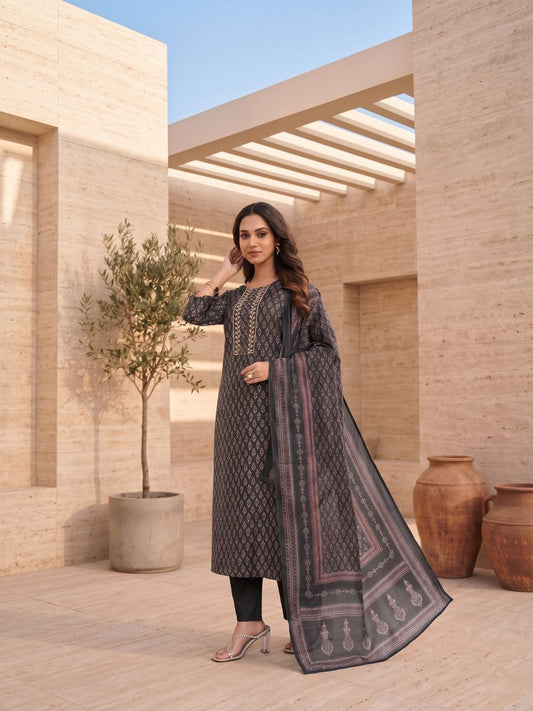 Women Ethnic Motifs Printed Regular Thread Work Chanderi Cotton Kurta with Trousers & With Dupatta