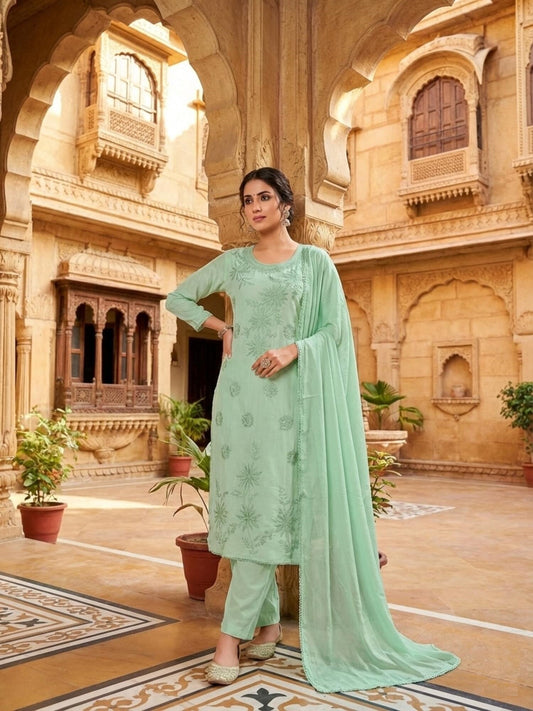 Women Ethnic Motifs Embroidered Regular Thread Work Chanderi Cotton Kurta with Trousers & With Dupatta