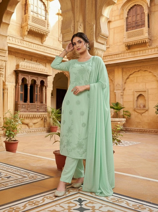Women Ethnic Motifs Embroidered Regular Thread Work Chanderi Cotton Kurta with Trousers & With Dupatta