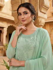 Women Ethnic Motifs Embroidered Regular Thread Work Chanderi Cotton Kurta with Trousers & With Dupatta