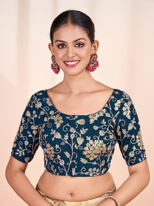 Women Teal Colour Embroidered Saree Blouse