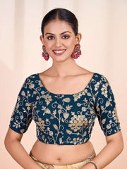 Women Teal Colour Embroidered Saree Blouse