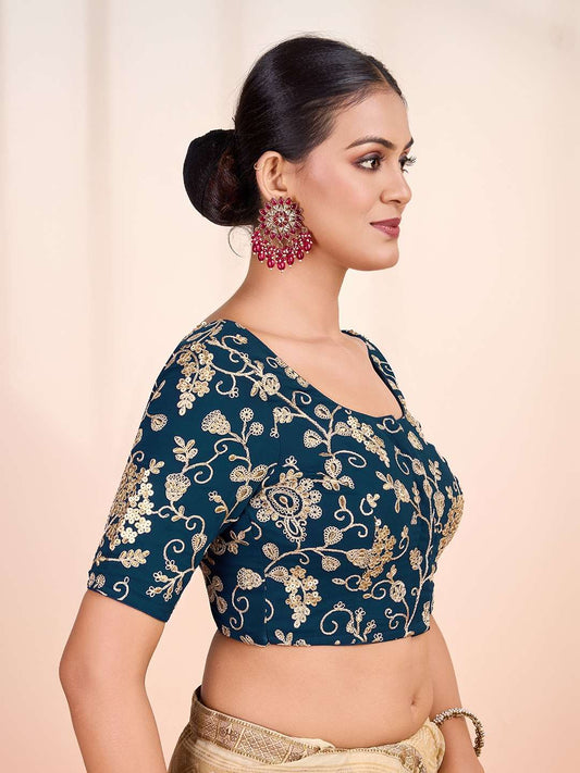 Women Teal Colour Embroidered Saree Blouse