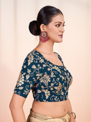 Women Teal Colour Embroidered Saree Blouse