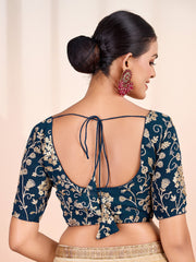 Women Teal Colour Embroidered Saree Blouse