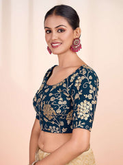 Women Teal Colour Embroidered Saree Blouse
