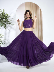 Women Striped Siquinned Embroidered Top with Skirt Co-Ords