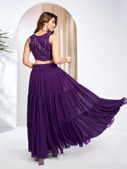 Women Striped Siquinned Embroidered Top with Skirt Co-Ords