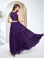 Women Striped Siquinned Embroidered Top with Skirt Co-Ords
