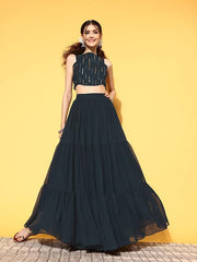 Women Stylish Navy Blue Embellished Top with Solid Skirt