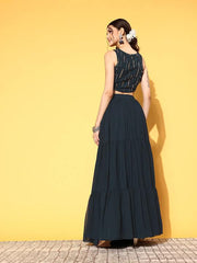 Women Stylish Navy Blue Embellished Top with Solid Skirt