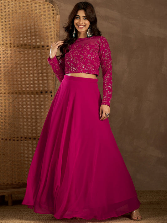 Embroidered Round Neck Top With Skirt Co-Ords