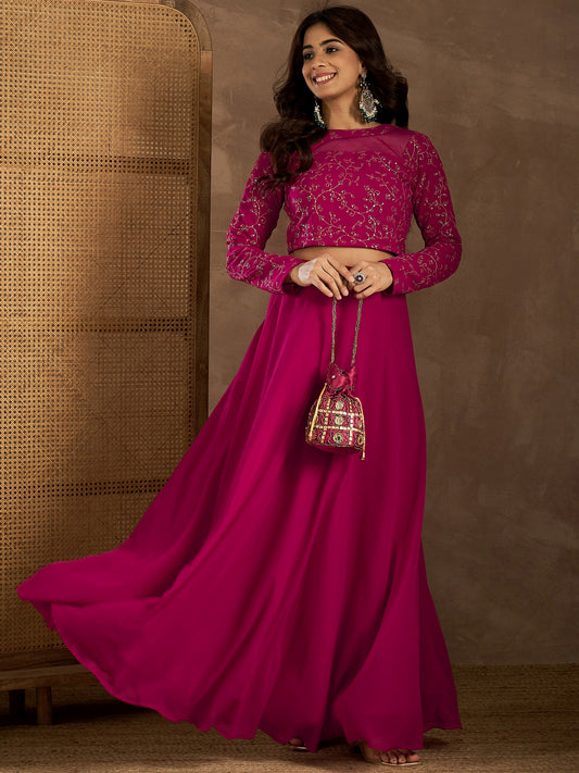 Embroidered Round Neck Top With Skirt Co-Ords