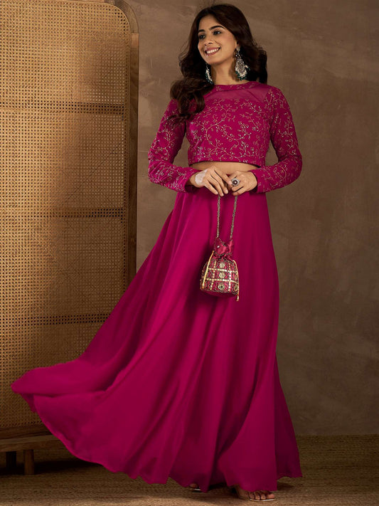 Embroidered Round Neck Top With Skirt Co-Ords