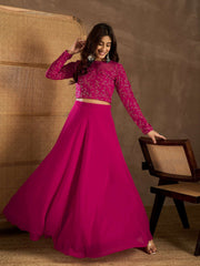 Embroidered Round Neck Top With Skirt Co-Ords