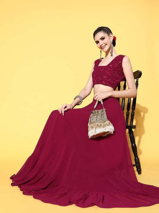 Women Enchanting Fuchsia Embellished Top with Solid Skirt
