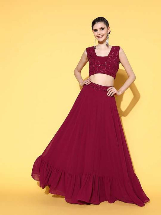 Women Enchanting Fuchsia Embellished Top with Solid Skirt