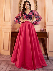 Navy blue Women Floral Printed Crop Top with Solid Maxi Skirt