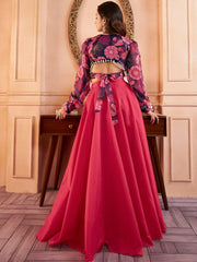 Navy blue Women Floral Printed Crop Top with Solid Maxi Skirt