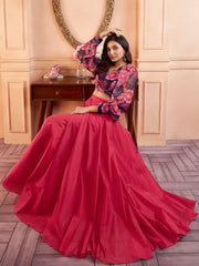 Navy blue Women Floral Printed Crop Top with Solid Maxi Skirt