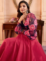 Navy blue Women Floral Printed Crop Top with Solid Maxi Skirt