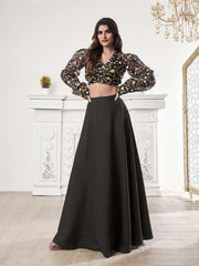 Thread Embroidered V-Neck Top With Skirt Co-Ords
