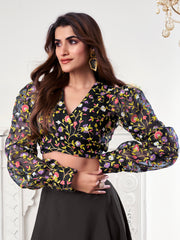 Thread Embroidered V-Neck Top With Skirt Co-Ords