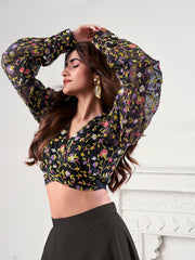 Thread Embroidered V-Neck Top With Skirt Co-Ords