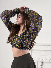 Thread Embroidered V-Neck Top With Skirt Co-Ords