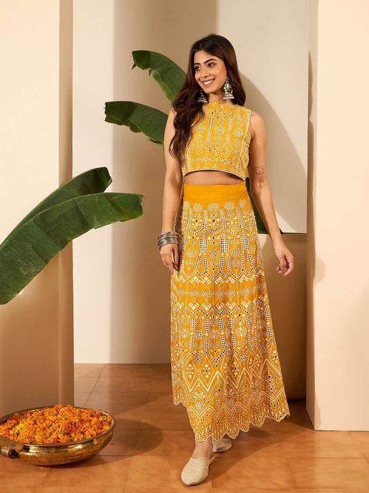 Ethnic Motifs Chikankari Cotton Embroidered Top & Skirt Set