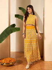 Ethnic Motifs Chikankari Cotton Embroidered Top & Skirt Set