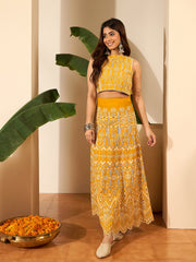 Ethnic Motifs Chikankari Cotton Embroidered Top & Skirt Set