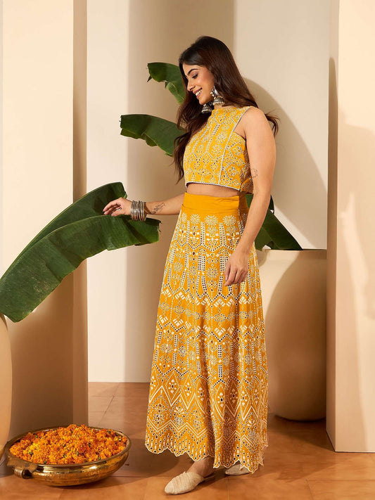 Ethnic Motifs Chikankari Cotton Embroidered Top & Skirt Set