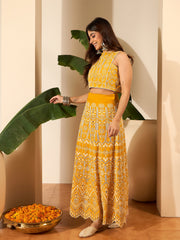 Ethnic Motifs Chikankari Cotton Embroidered Top & Skirt Set