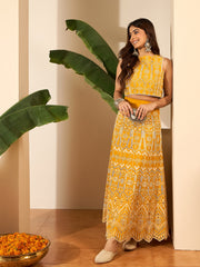 Ethnic Motifs Chikankari Cotton Embroidered Top & Skirt Set