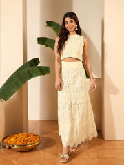 Self Design Round Neck Top With Skirt