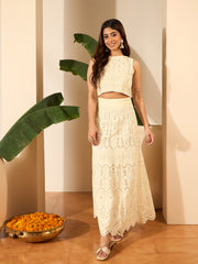 Self Design Round Neck Top With Skirt