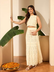 Self Design Round Neck Top With Skirt