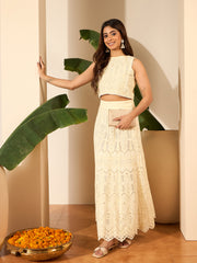 Self Design Round Neck Top With Skirt