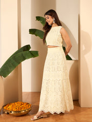 Self Design Round Neck Top With Skirt