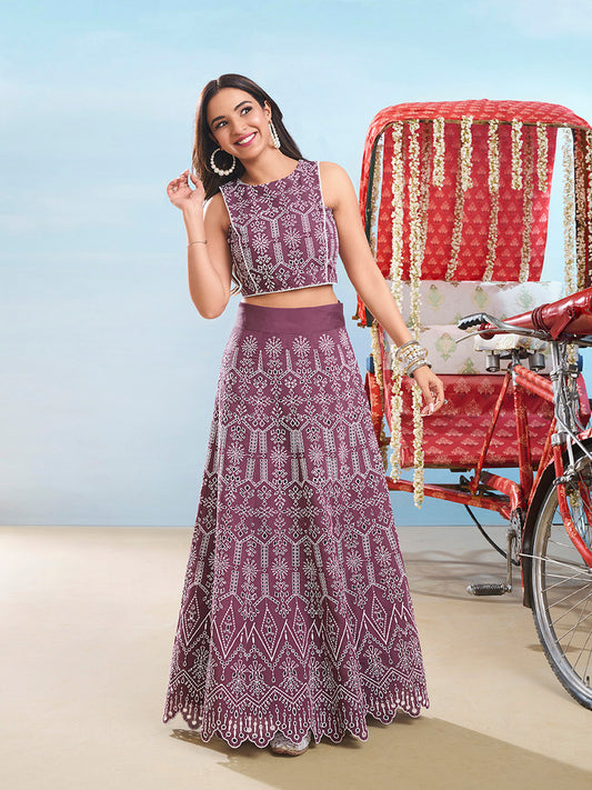 Ethnic Motifs Chikankari Embroidered Round Neck Cotton Top With Skirt Co-Ords