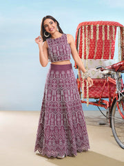 Ethnic Motifs Chikankari Embroidered Round Neck Cotton Top With Skirt Co-Ords