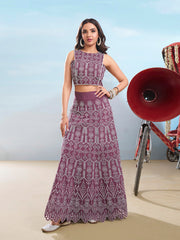 Ethnic Motifs Chikankari Embroidered Round Neck Cotton Top With Skirt Co-Ords