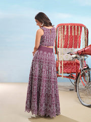 Ethnic Motifs Chikankari Embroidered Round Neck Cotton Top With Skirt Co-Ords