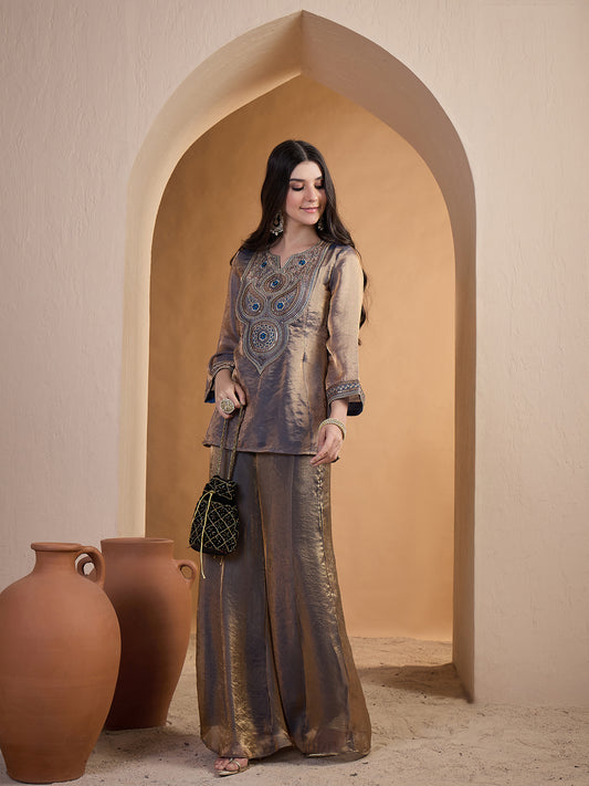 Women Embroidered Yoke Design Top With Palazzos Co-Ords