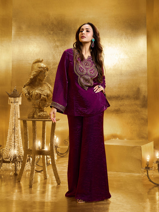 Women Floral Zari Embroidered Yoke Design Crushed Organza Co-Ords Set