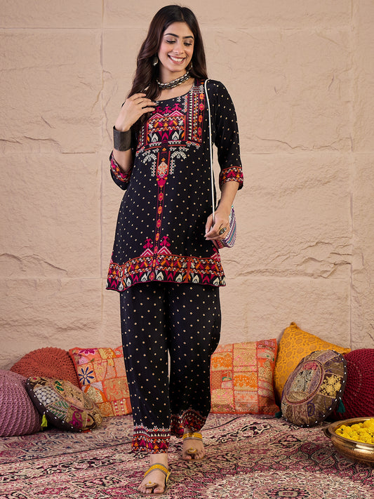 Ethnic Motifs Printed Round Neck Pure Silk Tunic With Palazzo