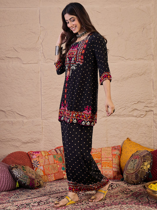 Ethnic Motifs Printed Round Neck Pure Silk Tunic With Palazzo