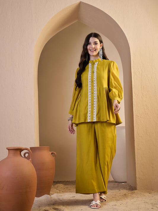 Embroidered Mandarin Collar Top & Palazzos Co-Ords