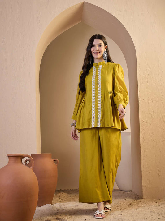 Embroidered Mandarin Collar Top & Palazzos Co-Ords